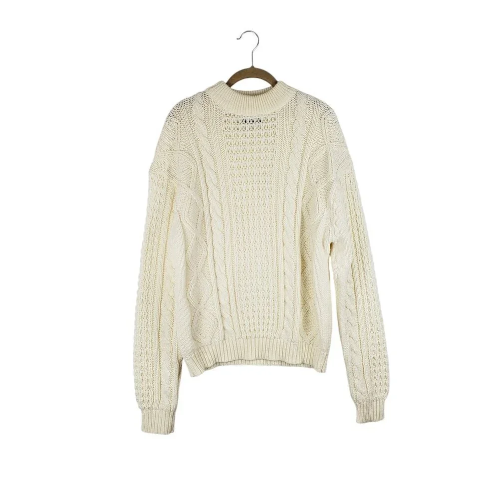 Vtg Passport 360 Classic Cable Knit Fishermans Sweater Ivory Acrylic Size Large